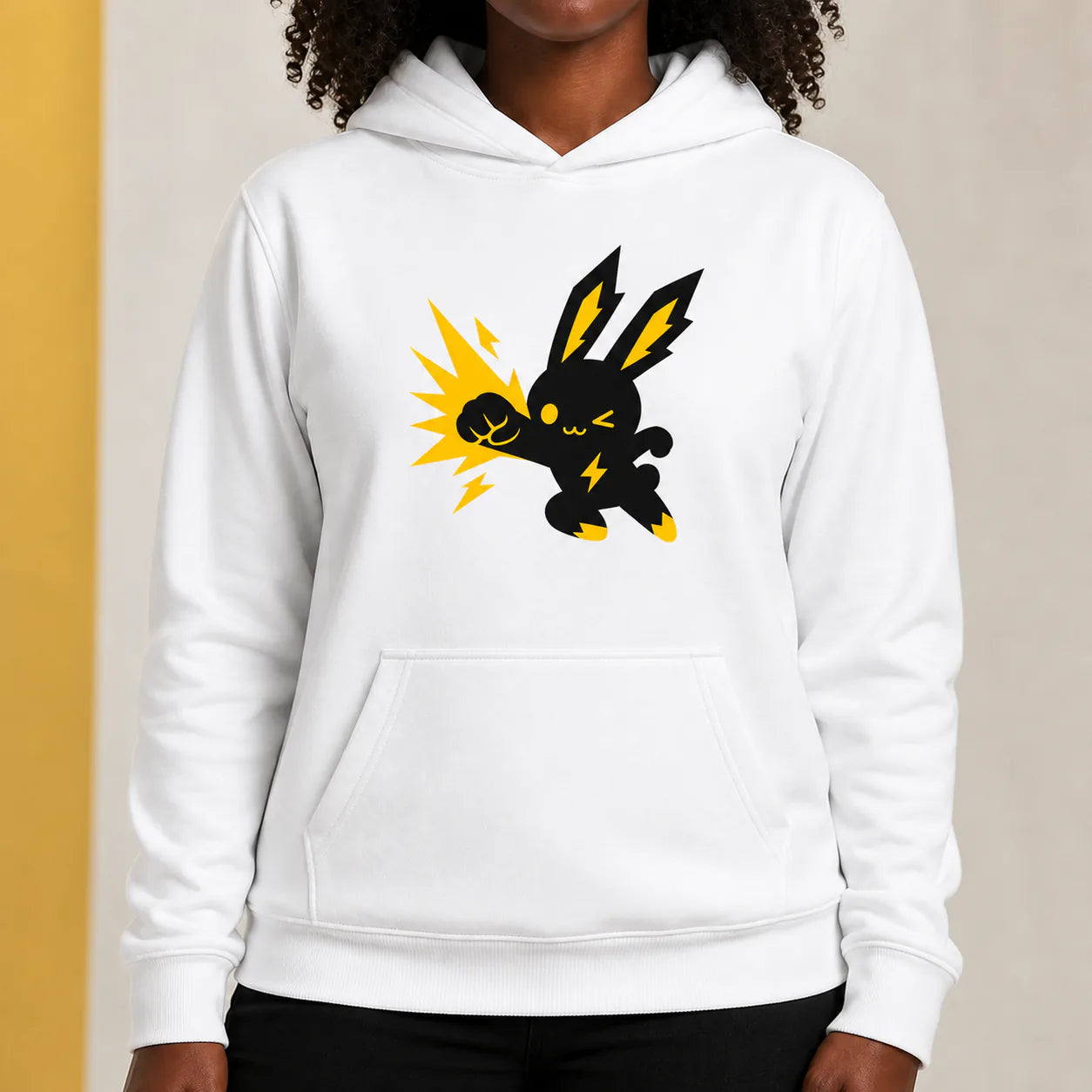 Woman wearing a custom white hoodie