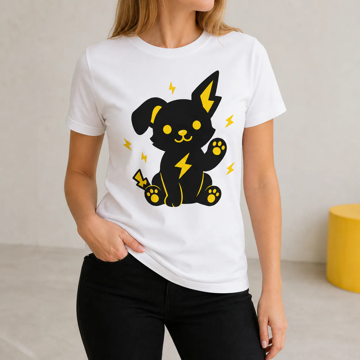 Woman wearing a custom white T-shirt