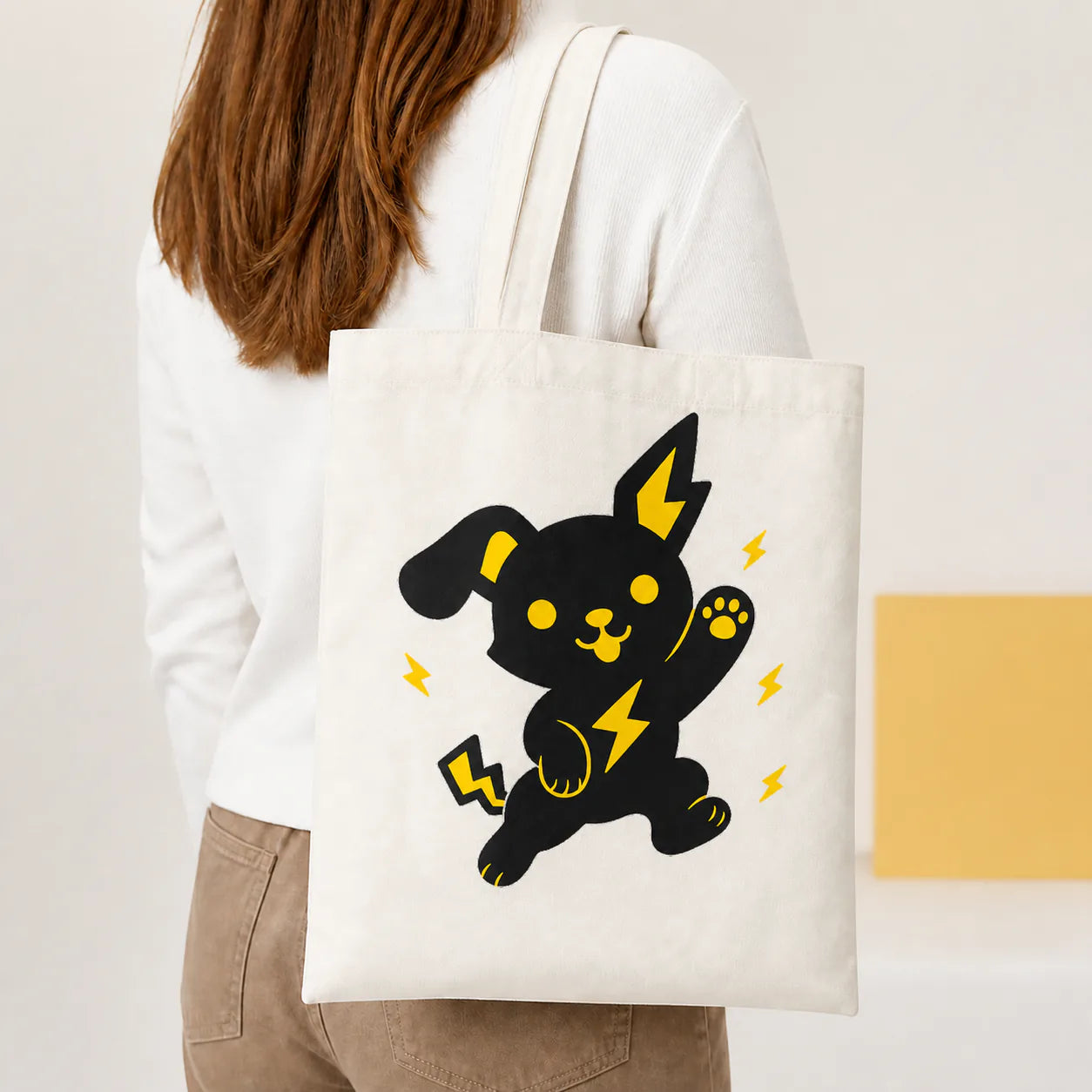 Woman wearing a custom canvas tote bag over her shoulder